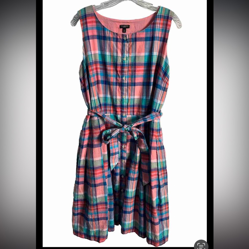 TALBOTS SLEEVELESS PLAID BUTTON FRONT Belted Dress SZ 12P Pockets